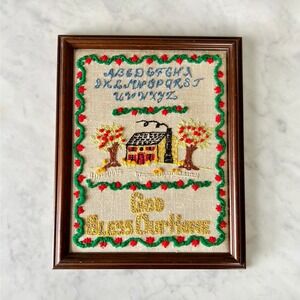 Vintage 70s 80s Embroidered Crewel Alphabet God Bless Our Home Wall Hanging